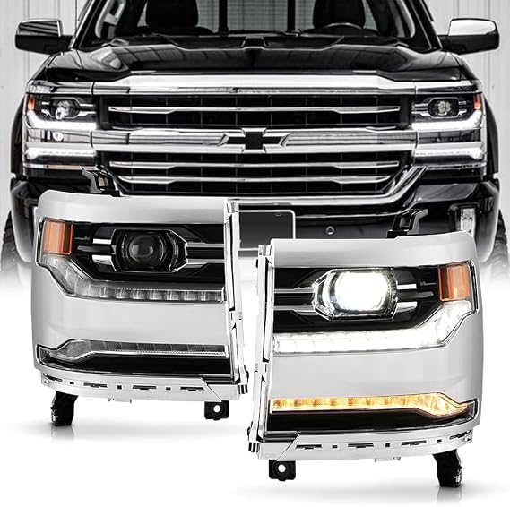 ACANII - For [Factory LED Type] 2016-2018 Chevy Silverado 1500 Chrome LED DRL Projector Headlights Headlamps Left+Right