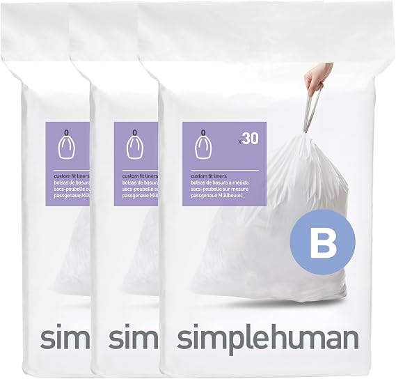 simplehuman Code B 90 Count Custom Fit Liners, Drawstring Kitchen Trash Bags, One-by-One Mess-Free Dispense, Extra Thick & Double Seamed, 50% PCR Plastic, 6 Liter / 1.6 Gallon, White