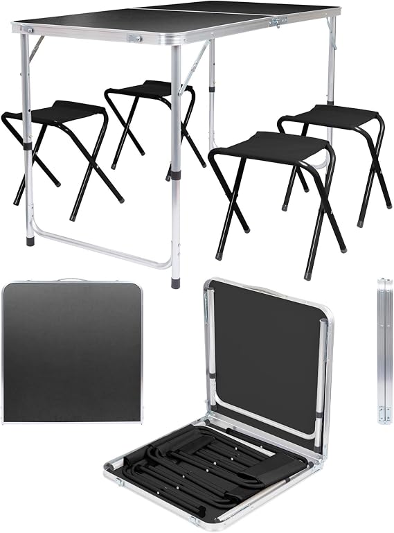 Harbour Housewares 120cm (4ft) Height Adjustable Aluminium Folding Picnic Table with 4 Chairs - Black - 4-Seater Foldable Portable Outdoor Garden Patio Camping BBQ Dining Trestle Furniture