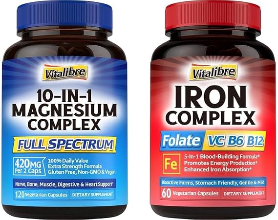Vitalibre 5-in-1 Iron Supplement & 10-in-1 Magnesium Complex