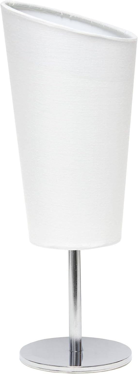 Simple Designs LT1208-WHT 12.4" Bright and Bold Mini Compact Chrome Table Lamp with Angled Fabric Shade, for Living Room, Bedroom, Office, White