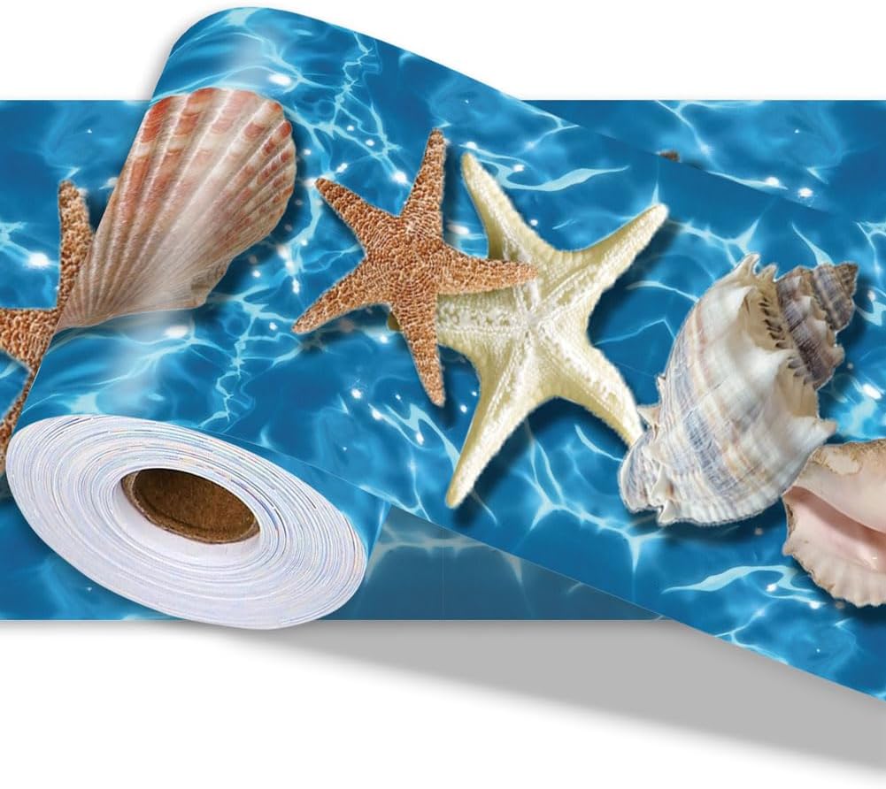Beach Wallpaper Border Wall Border Trim Peel and Stick 197 x 4 Inch Ocean Seashell Starfish Pattern PVC Decorative Molding Stickers for Bathroom Kitchen Backsplash Hotel Home Decoration
