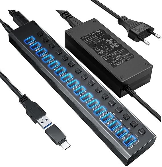 Coverzone Professional USB Hub 16 Port USB 3.0 Type-C 5Gbps Fast Charging Individual On Off Switches 12V DC 7.5A Power Adapter Phone Charger Laptop Mobile HDD Flash Drive Port16