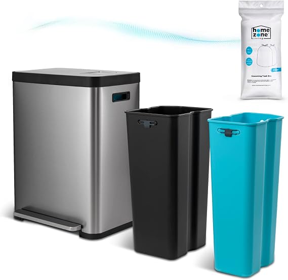Home Zone Living 19 Gallon Kitchen Trash Can with Dual Compartments for Recycling, CleanAura Odor Control, Stainless Steel, Silver, 70 Liters Total, Gen 2