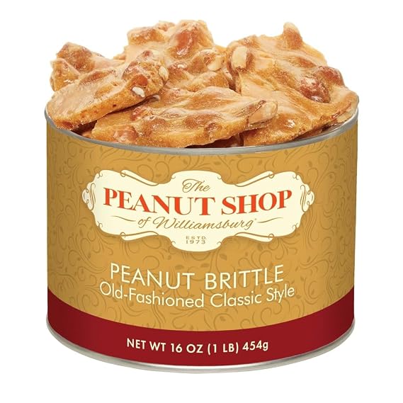 The Peanut Shop of Williamsburg Old Fashioned Peanut Brittle Candy, Hand Pulled Copper Kettle Cooked, Gluten Free Ingredients, Kosher Certified - 16 Oz Tin