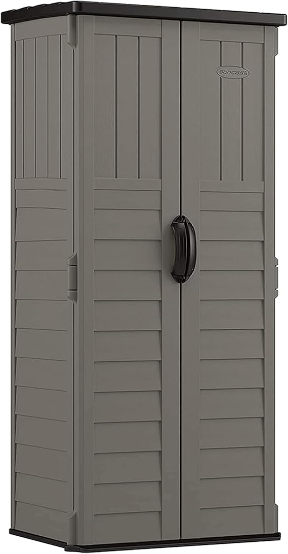 Suncast 22 Cu Ft, Vertical Storage Shed, Pad-Lockable Double Doors, Stoney