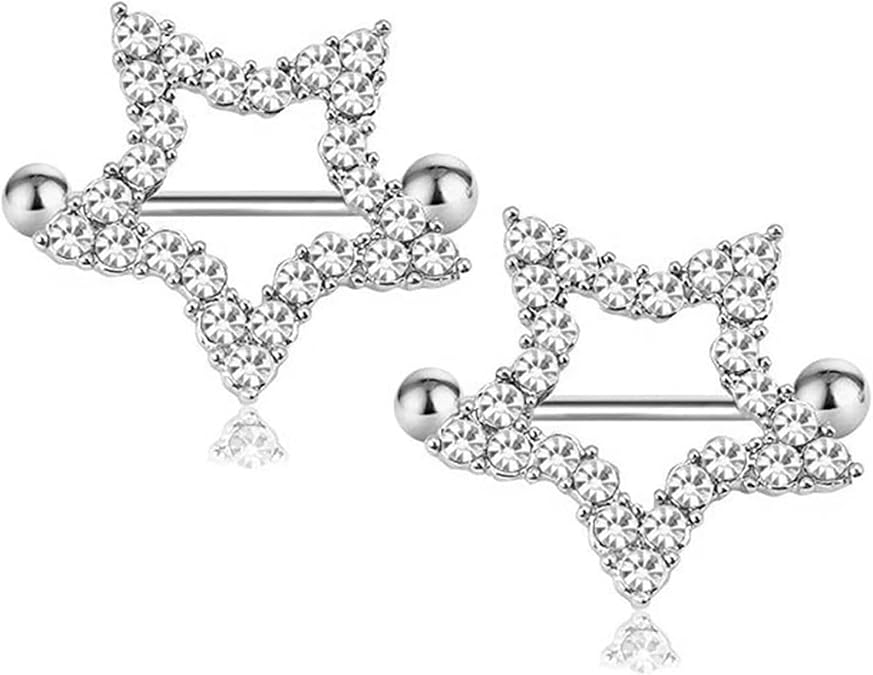 14G Stainless Steel Nipple Rings Glitter CZ Star Straight Barbell Bars Tongue Ring Body Piercing Jewelry