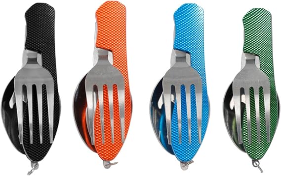 Folding 4-in-1 Camping Cutlery Set, Portable Stainless Steel Fork Spoon Knife Bottle Opener Combo, Compact Outdoor Utensil for Hiking, Backpacking, Picnic, Travel