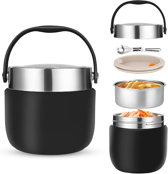 1200 ml Thermal Container for Food Thermal Bowl with Lid Lunch Box Thermal for Storing Porridge Soup Fruit Yoghurt and Lunch Black