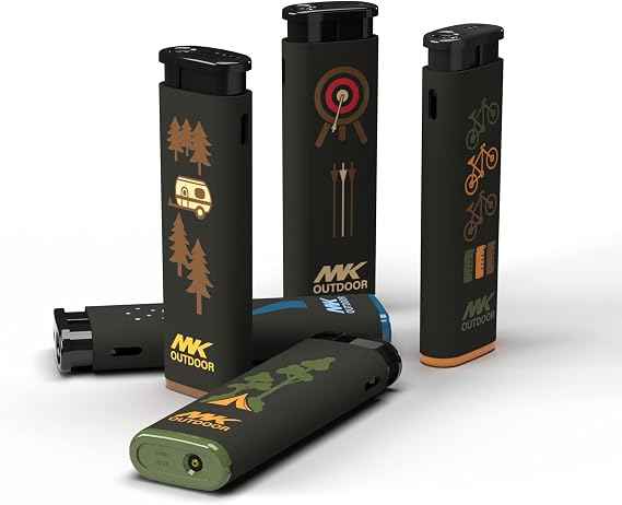 MK Lighter Outdoor Series Alpine Set 5-Pack Assorted Design Windproof Flame, Multipurpose Refillable, Slip Guard Candle & BBQ, Prepping & Camping Supplies Lighter