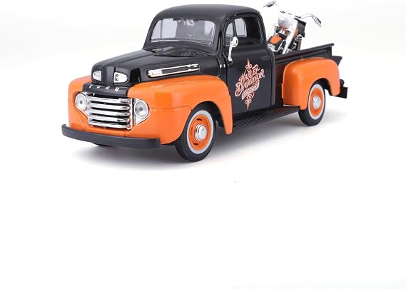 1948 Ford F-1 Pickup Truck with 1958 Harley Davidson FLH Duo Glide Motorcycle Orange and Black 1/24 Diecast Models by Maisto