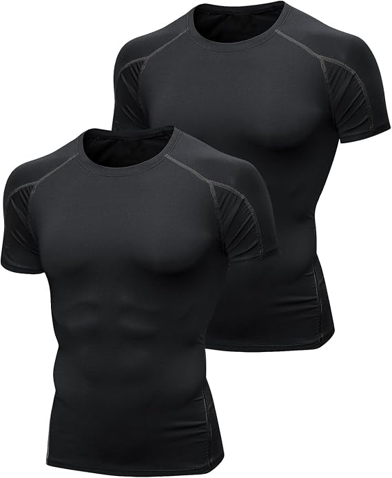 Niksa 2 Pack Short Sleeve Compression Shirts，Gym Tops for Mens Sports T-Shirts Clothing Running Base Layers Top Fitness Athletic Training Workout