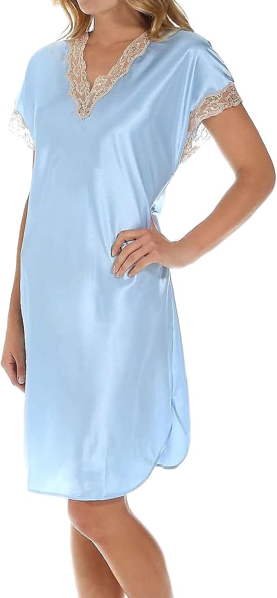 Shadowline Women's Sleepshirt Charming Satin Lace Trim Short Silky Nightgown