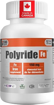 Vegan Iron Supplement 100 Capsules - 350mg Polysaccharide Iron Complex, 150mg Elemental Iron - Gentle Absorption - CDHF and SOGC Recognized