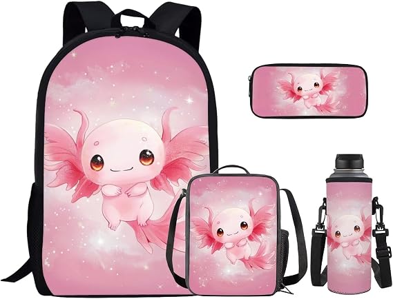 Pink Axolotl Backpack for Girls School Backpacks With Lunch Box for Boys 8-10 Dust Proof 4PCS Casual Daypack Backpacks Sturdy School Bag with Side Pocket Sports Shoulder Bag for Teens