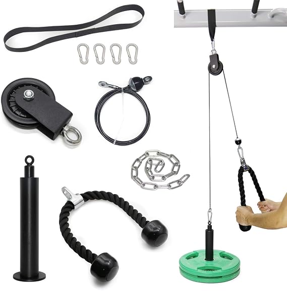Cable Pulley System Gym Equipment, Squat Rack Accessories for LAT Pulldown, Tricep, Bicep, Arm Workouts - DIY Home Gym Cable Machine - Weight Plates Loading Pin Basic2in1 Loading pinTricep Rope