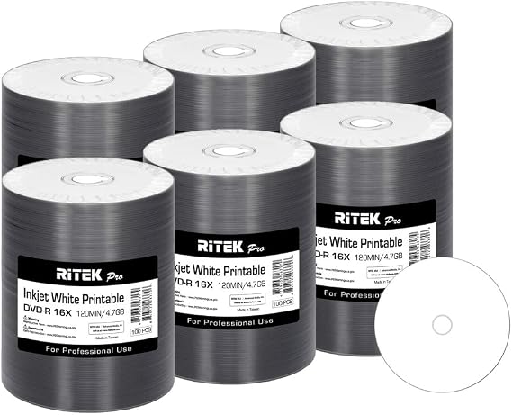 600 Ritek Pro DVD-R 4.7GB AZO Dye (MXL RG04) White Inkjet Printable Disc | Professional Grade, No Color Difference for Flawless edge-to-edge Full Printing Finish, Maximum Wider Printing Size 23-118mm