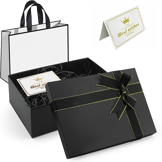 Black Gift Box with Lid 21.5x16x8cm Premium Present Box | High Hardness,Foldable, Includes Bags, Raffia, Cards, For Birthdays, Anniversaries, Christmas