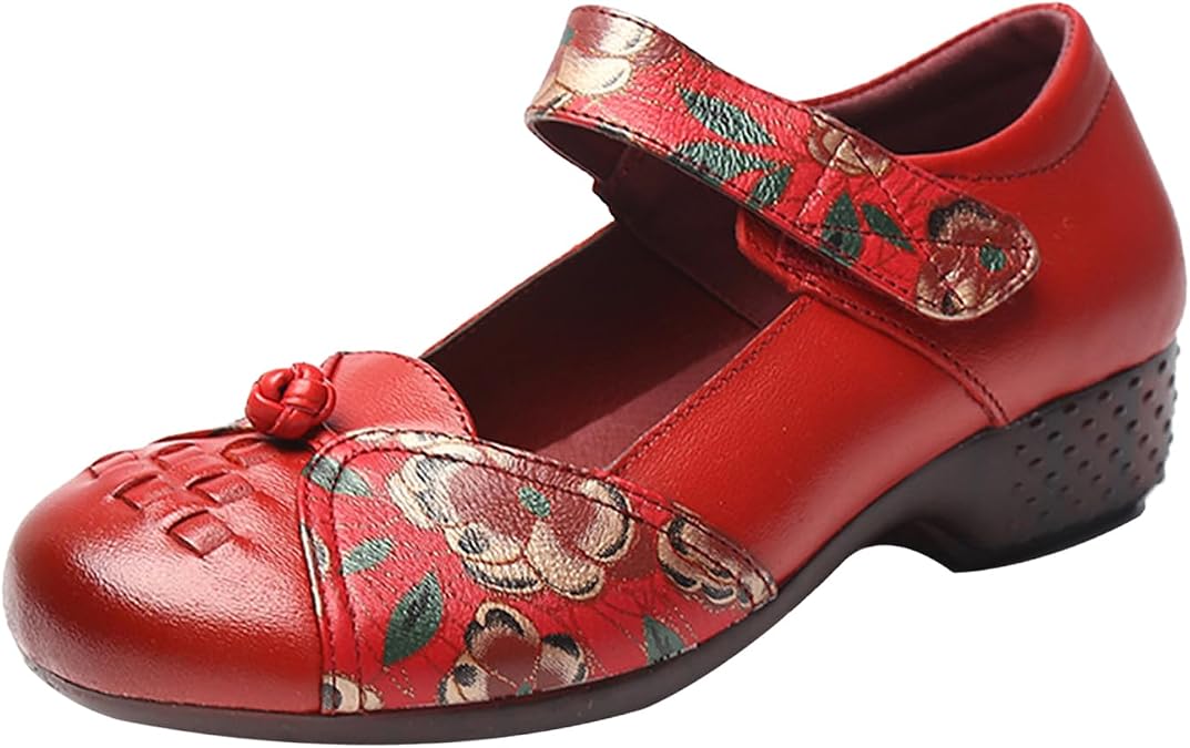 MOYOWEI Women's Print Woven Leather Mary Jane Dress Pumps | Vintage Comfort Closed Toe Low Block Heels Soft Sole Oxford Casual Shoes