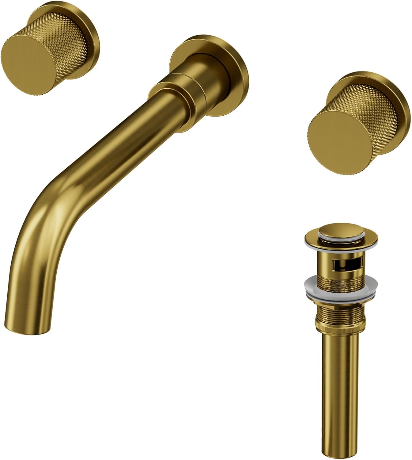 Wall Mount Bathroom Faucet 2 Handle Swivel Spout with Pop-Up Drain Water Saving Aerator in Brushed Gold