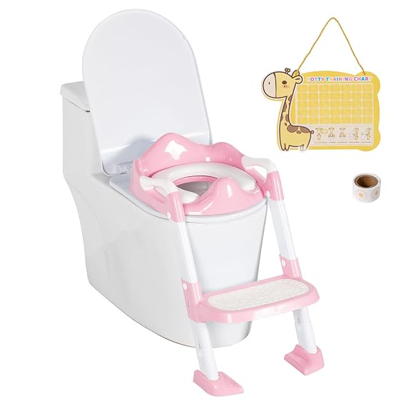 BRINJOY Potty Training Seat with Step Stool Ladder, Potty Toilet Toddler Seat w/Potty Training Chart & Cushion Handle, Kids Potty Training Toilet Chair for Girls Boys w/Non-Slip Pads Wide Step