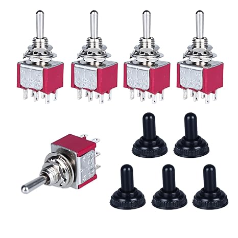 5pcs Mini Momentary Toggle Switch 6 Pins 3 Positions DPDT (On)-Off-(On) Miniature Toggle Switch AC 5A/125V with Waterproof Cap Bakelite Red Shell for Car Boat Industrial
