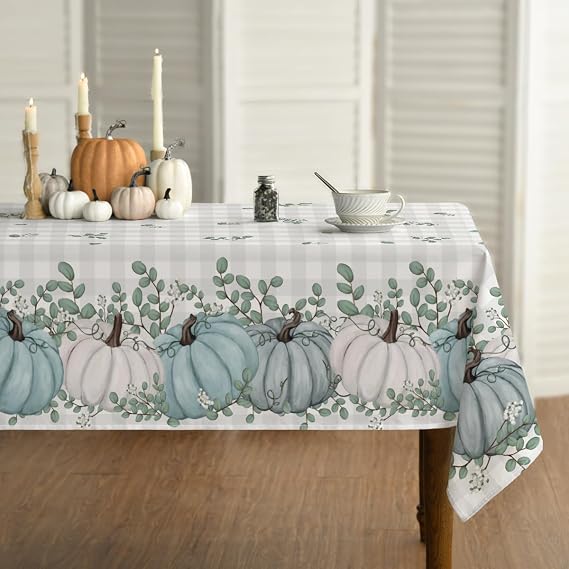 Horaldaily Fall Tablecloth 52 x 70 Inch Rectangular Thanksgiving Blue | Pumpkin Autumn Harvest Buffalo Plaid Washable Table Cover for Party Picnic Dinner Decor