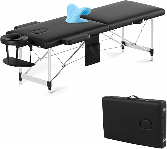 Gaussen Portable Massage Table w/Neck Stretcher, 84 inch Sturdy Foldable Massage Bed Facial Bed Tattoo Table Adjustable Lash Bed Esthetician for Beauty Tattoo (Aluminum, Black-2 Folding)