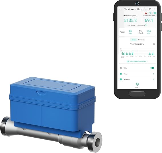 NSF Certified YoLink FlowSmart All-in-One Smart Water Meter & Auto Shutoff for 34 Pipes, LoRa Long-Range, Real-Time Leak Detection, 10-Year Battery, 80 Device Ecosystem, Hub Required