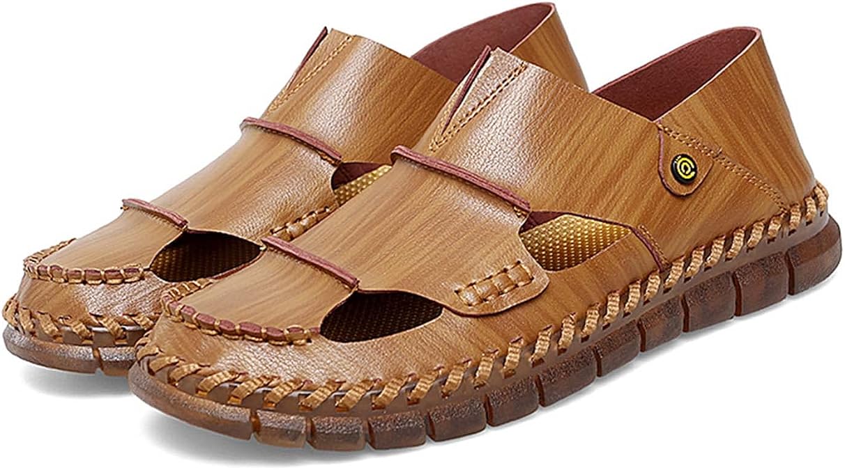 HESBITEUL Mens Sport Sandals Breathable Outdoor Fisherman Shoes Adjustable Closed Toe Summer Leather Loafters