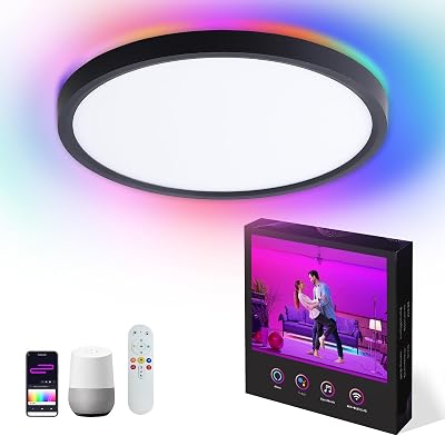 12 Inch Smart Ceiling Lights RGB Compatible with Alexa, Remote Control, WiFi and Tuya App - Color Changing Low Profile Dimmable LED Flush Mount Light Fixture for Bedroom, Living Room, Black