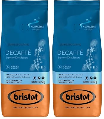 Bristot Decaf Ground Espresso Medium Roast Italian Coffee Smooth & Bold Flavor 8.8 oz 250g Pack of 2