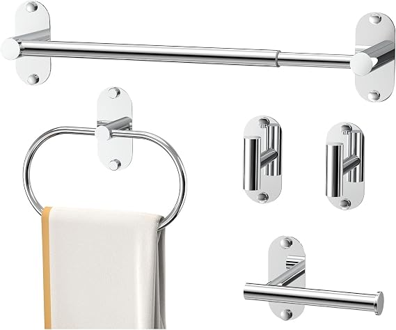 5-Piece Bathroom Hardware Set, Adhesive or Drill Wall Mount, Chrome