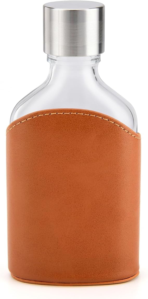 4oz Glass Flask with Cap - Hip Flask -  with Leather Pouch Holder - Personalized