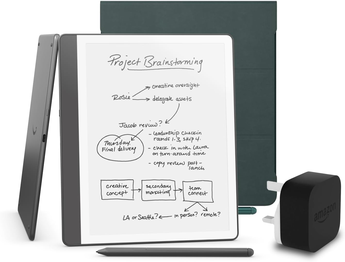 Kindle Scribe (2024 Release) 16 GB, an Amazon Premium Leather Cover and an Amazon Powerfast 9W Power Adapter