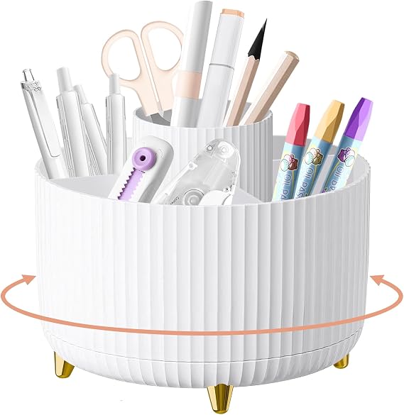 Desk Organiser, 360°Rotating Pen Holder Pen Pot, Makeup Brush Holder with 5 Compartments, Desktop Storage Stationery Supplies Organizer, Pencil Holders for Desk Tidy Home Office School (White)