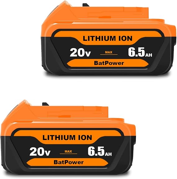 BatPower 2-Pack Replacement Battery Compatible with DeWALT 20V MAX System, 6.5Ah XR High Capacity Lithium-Ion Battery for 20 Volt Cordless Power Tools DCB206 DCB205-2 DCB204 (2 Packs)