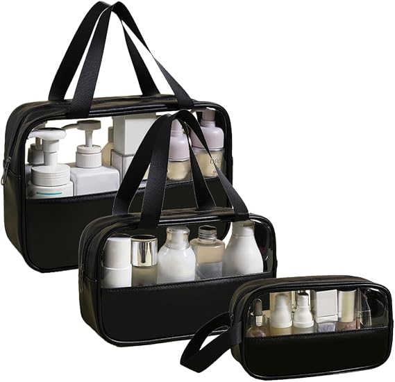 Clear Makeup Bag, Large Clear Toiletry Bag for Travel, Portable Toiletry Bag for Men, Water-repellent Travel Bag Set of 3 (Solid Black)