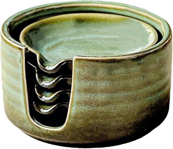 WF Ceramic Spoon Rest, Stove Top Spoon Rest for Kitchen Counter, Cooking Utensil Set of 4, for a Tablespoon or Coffee Teaspoon (green)