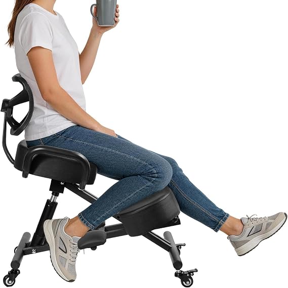 Ergonomic Kneeling Chair with Backrest and Footrest Adjustable Desk Chair | with Wheels & Thick Cushion, Improve Sitting Postures, Perfect for Study & Work from Home