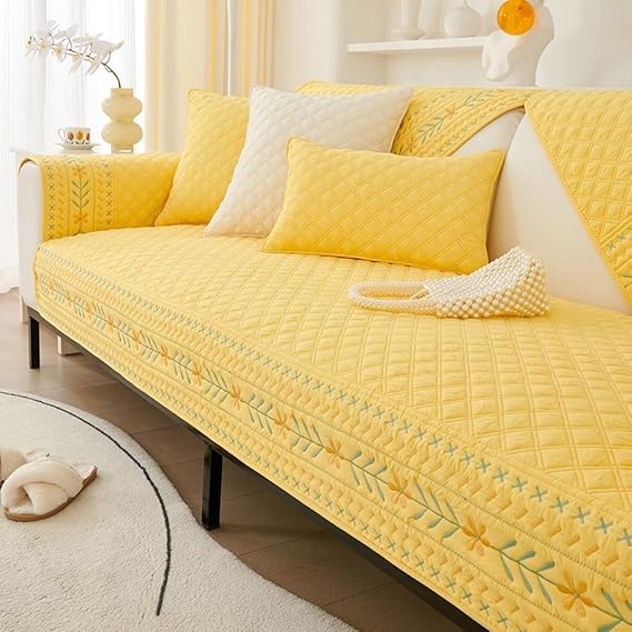 Soft Thick Cotton Sofa Covers - New Non-Slip Couch Cover 1 2 3 4 Seater, Washable Fluffy Covers Corner Sofa Slipcover L Shape Furniture Protector For Living Room(28"x35"/70x90cm,Yellow)