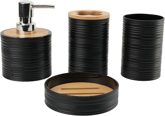 4 Pcs Bathroom Container Set Bathroom Accessory Set with Soap Dispenser, Bathroom Cup, Soap Dish ，Toothbrush and Toothpaste Holder (Black)