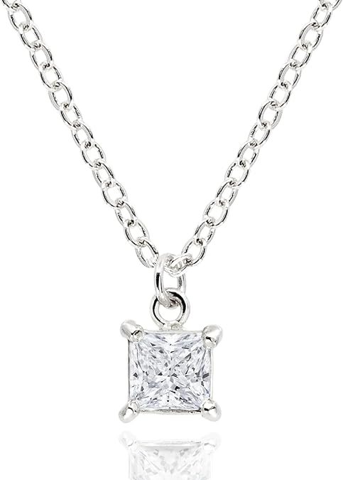 14K Gold Plated CZ Solitaire Necklace for Women Princess Cut Square Rectangle Rhombus Cubic Zirconia Diamond Pendant Jewelry Tarnish Free Adjustable Chain [CZN]