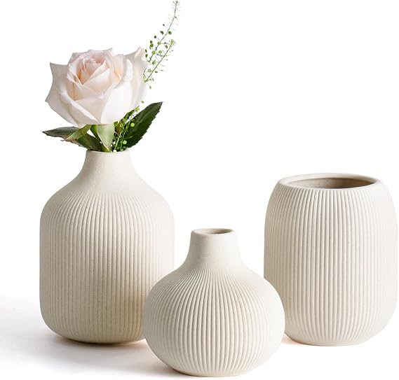 Dnnnii Modern Beige Ceramic Vase Set of 3 by Ribbed Texture, Perfect for Neutral & Transitional Home Decor - Decorative Minimalist Vases Collection - Small Ceramic Vases for Aesthetic Touch