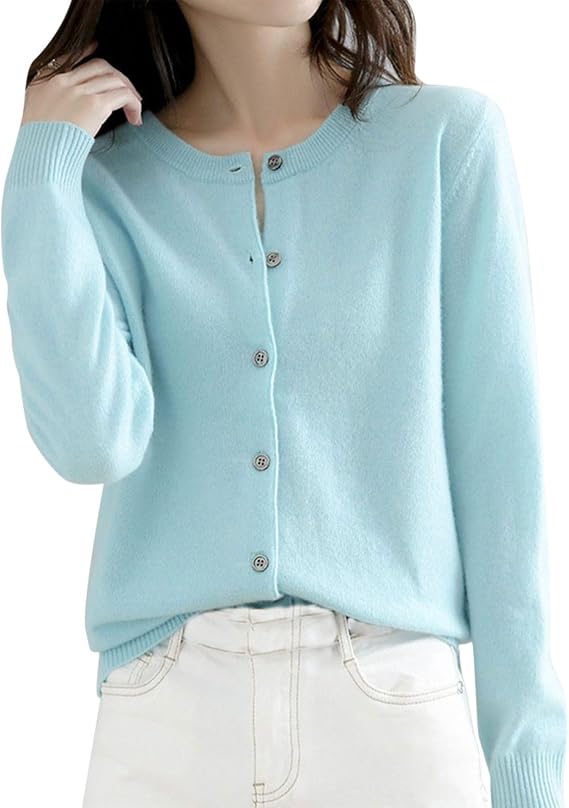 Cashmere Cardigans for Women Warm Lightweight Button Front Sweater Tops Fashion Long Sleeve Crew Neck Sweaters