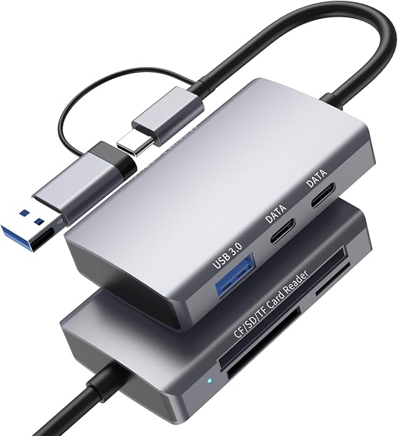 6-in-1 CF/SD/TF Card Reader with Dual USB-C Hub - USB 3.0 Card Reader Adapter for Computer/Android/Micro SD/, Memory Stick Pro Duo Adapter, 5Gbps High-Speed Data Transfer