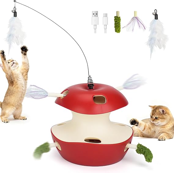 Joytale Interactive Cat Toy for Bored Indoor Cats, Automatic 10-Hole Whack A Mole Apple Toy, 2-in-1 Electric Motion Sensor Toy with Teaser Wand, USB Rechargeable, Boredom Relief, Red