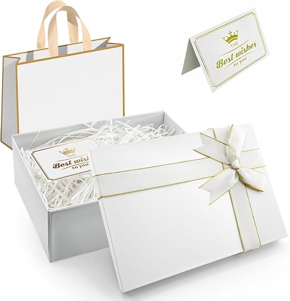 White Black Gift Box with Lid 21.5x16x8cm Premium Present Box | High Hardness,Foldable, Includes Bags, Raffia, Cards, For Birthdays, Anniversaries, Christmas