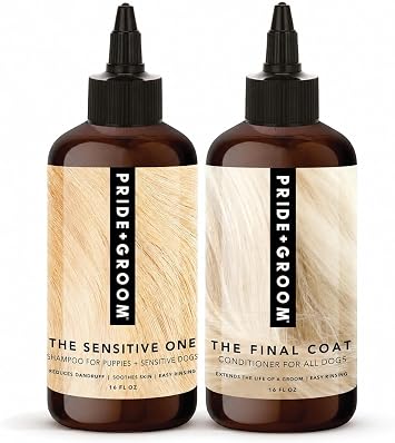Pride and Groom The Sensitive One Box Set Dog Shampoo & Conditioner with All Natural Blend of Essential Oils & Ingredients to Soothe, Nourish & Untangle for Long Lasting Shine & Manageability 32oz