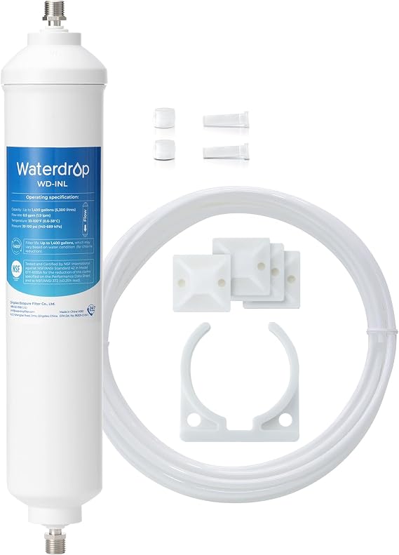 Waterdrop INL Inline Water Filter for Refrigerator and Ice Maker | Reduces Chlorine, Sediment, Bad Taste & Odor, NSF Certified High Capacity Drinking Water Filtration System, 1 Year